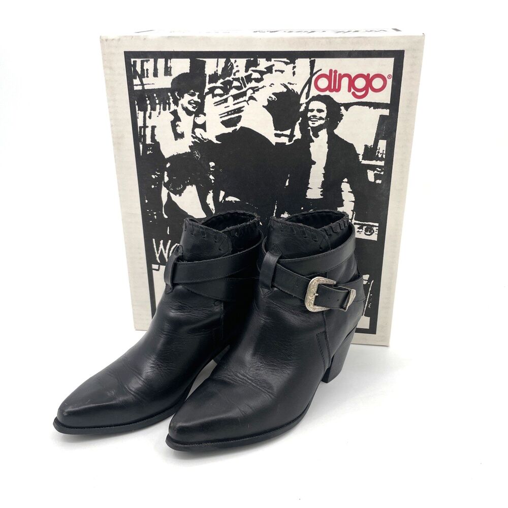 VTG Walk Dingo Black Leather Western Ankle Boots Womens 8M Buckle Strap 2230 Box